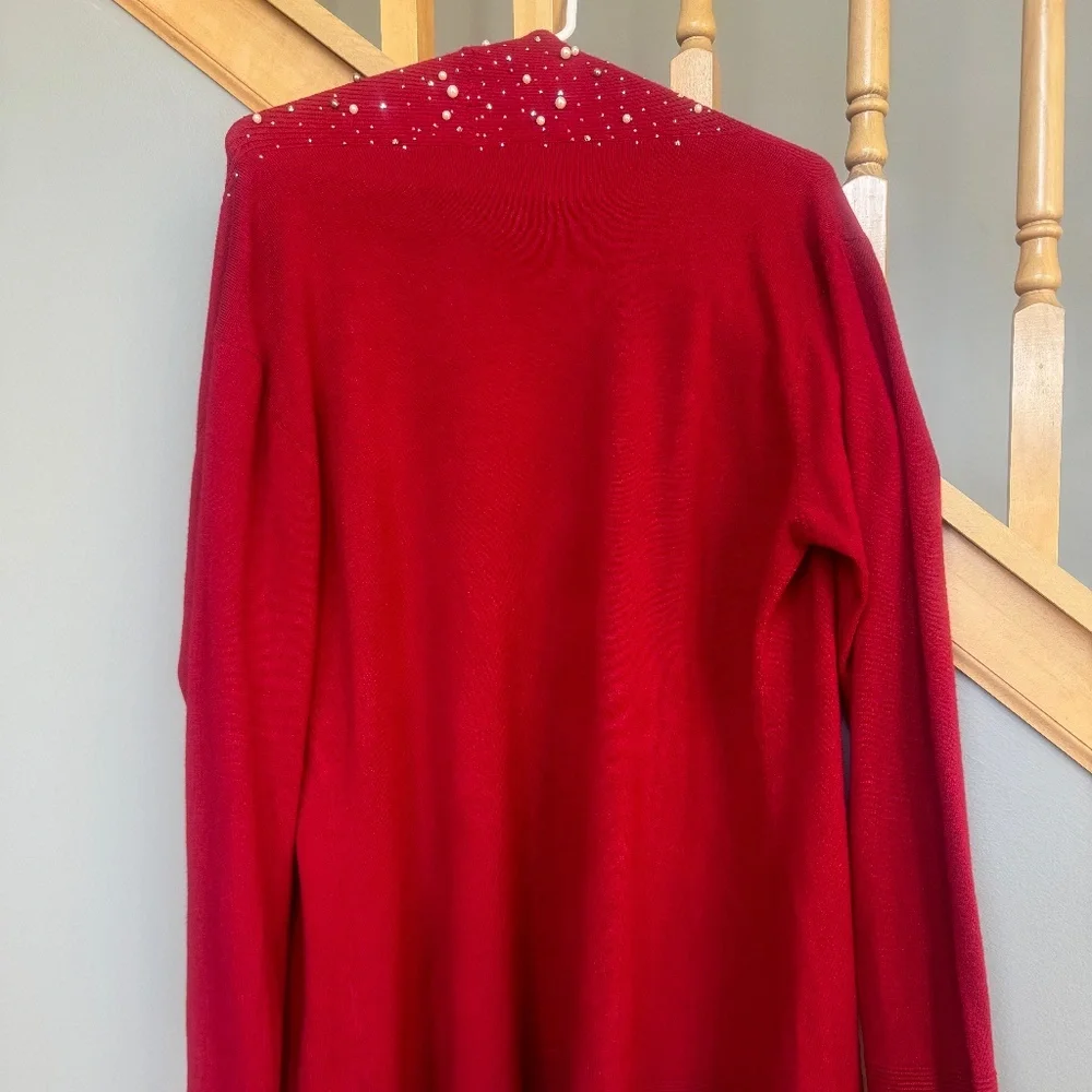 Nu Look Red Cardigan Sweater w/pearls & Crystals around trim sz xl - Picture 3 of 5